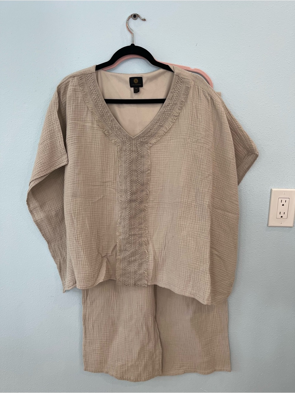 JM Collection Beige Textured V-Neck Tunic Top and pants set